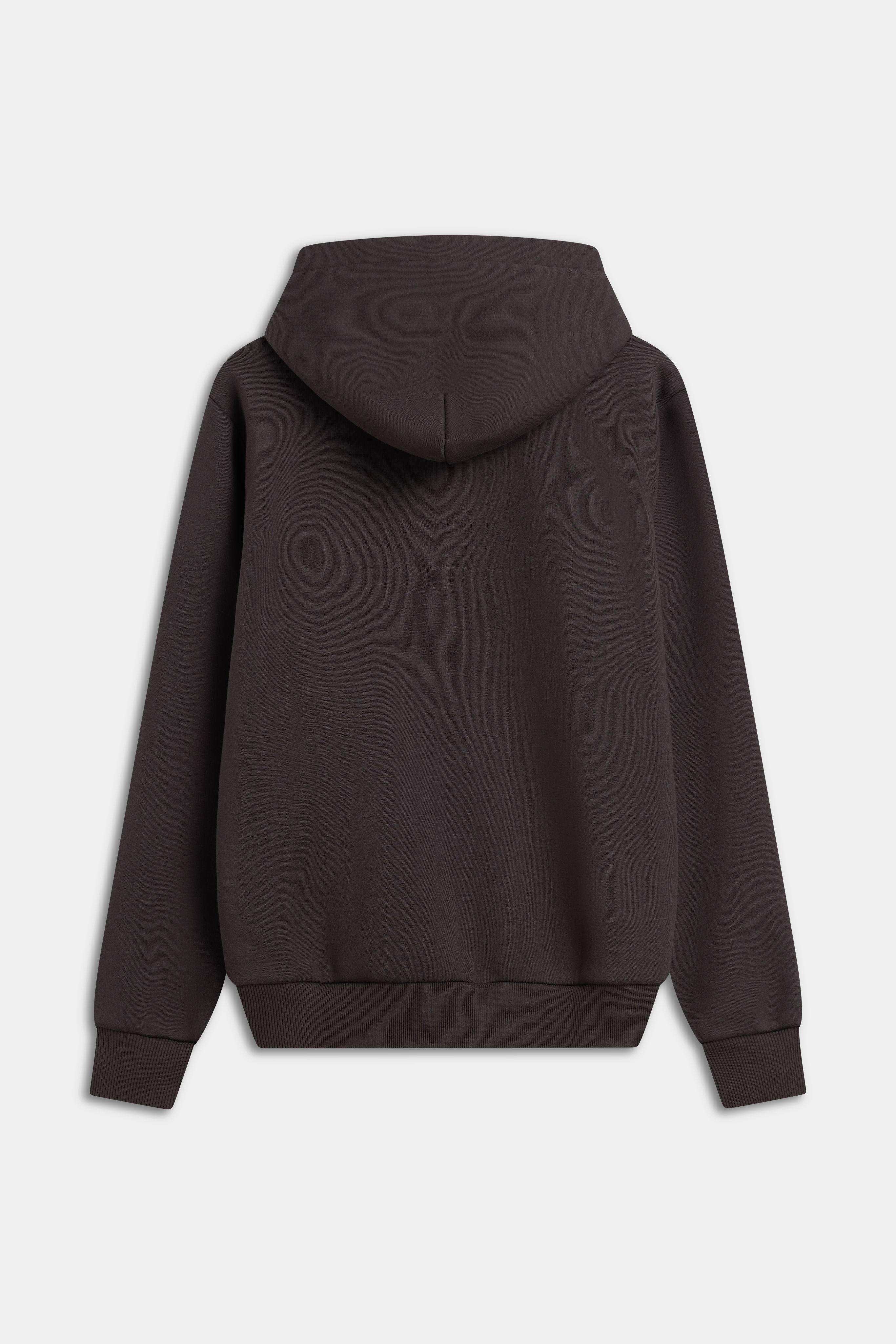 Back view of the espresso brown CASPARA CS Zip Hoodie with ribbed cuffs and hem.